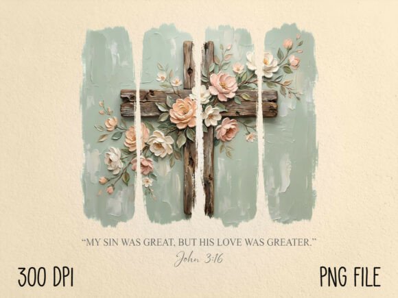 Hand Painted Floral Cross Christian PNG